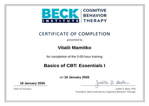 Сертификат о прохождении курса Beck Institute «Basics of CBT: Essentials I» — Виталий Мамитько